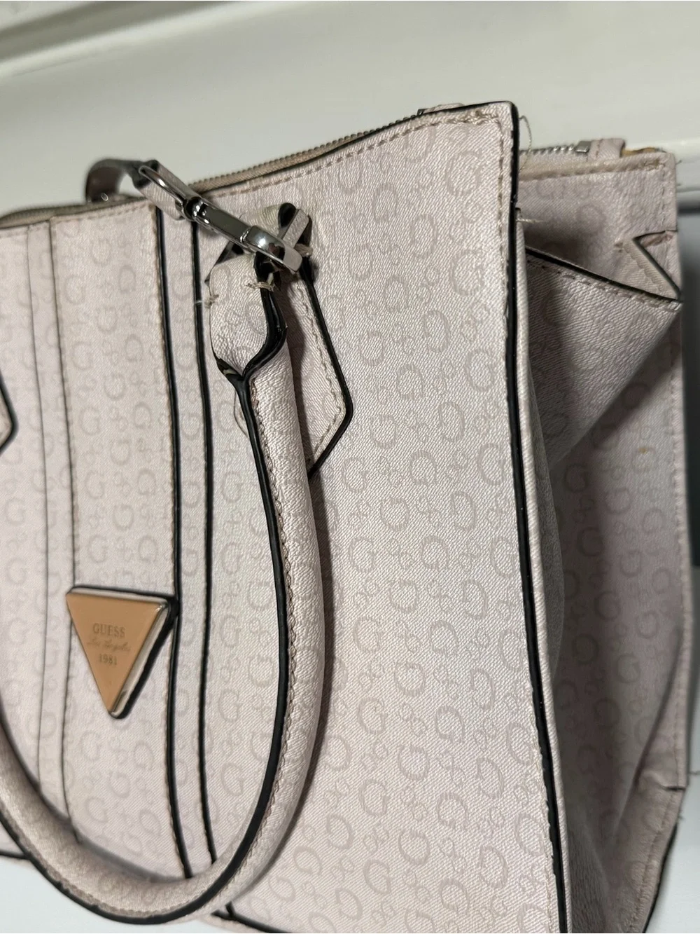 GUESS Light Pink Logo-Print Satchel with Triangle Plaque